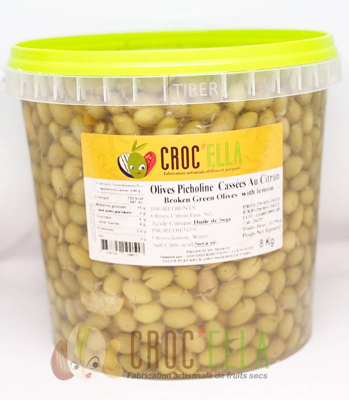 Olives vertes vertes cassées citron marocaines 8kg pour grossiste en France